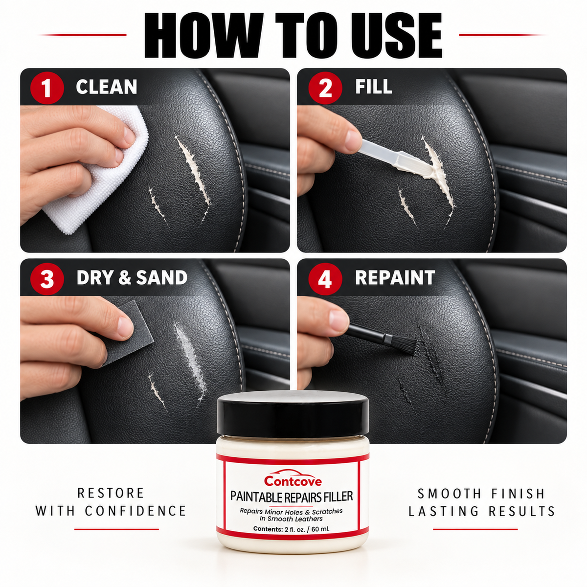 Contcove Leather Repair Filler Cream for Scratches & Minor Holes